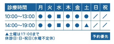 ▲土曜は17：00まで 休診日：日・祝日（水曜不定休）